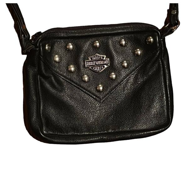 HARLEY‎ DAVIDSON HD CROSSBODY LEATHER PURSE BLACK STUDDED SMALL - Picture 1 of 9